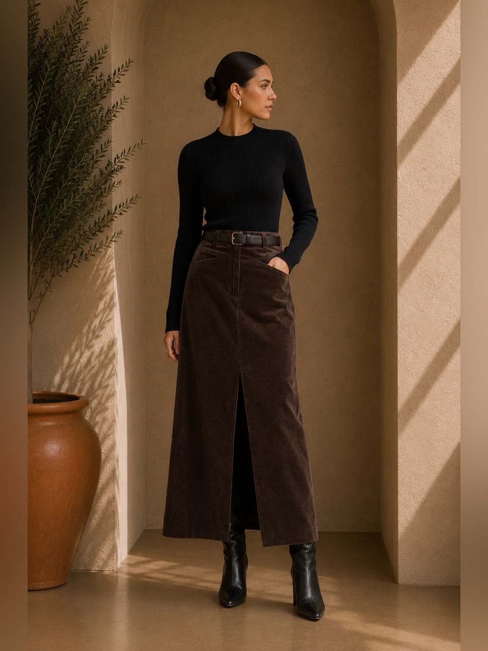 Commense Brown Corduroy Slit Maxi Skirt XS | Fall Maxi Skirt